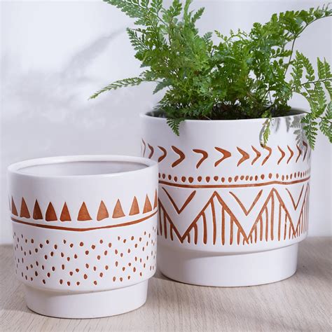 Geometric Ceramic Planters 6 Inch Hand Painted Ceramic Embossed Plant Pots With Drainage Holes 2 Set Boho Minimalistic Planters For Indoor And Geometric Ceramic Planters 6 Inch Hand Painted Ceramic Embossed Plant Pots With Drainage Holes 2 Set Boho Minimalistic Planters For Indoor And