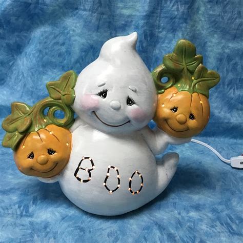 Handcrafted Ceramic Ghost With Pumpkin With Light Lighted Ghost Hoding Handcrafted Ceramic Ghost With Pumpkin With Light Lighted Ghost Hoding