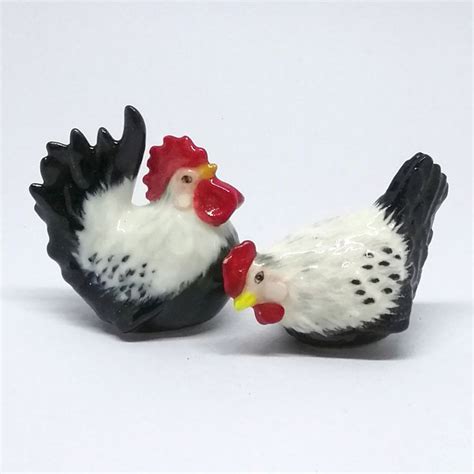 Set Of 2 Ceramic Black White Country Rooster Chicken Hand Painted Set Of 2 Ceramic Black White Country Rooster Chicken Hand Painted